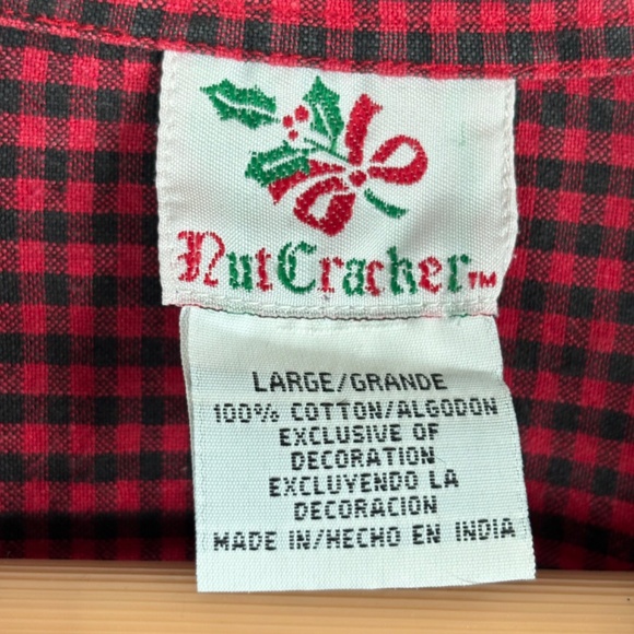 Vintage 90s Christmas Plaid Embroidered Shirt L Velvet Collar Santa Bear Holiday - Picture 7 of 10